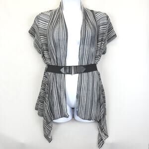 Comfy USA Cardigan Womens 1X Black White Striped Open Front Short Sleeve Belted